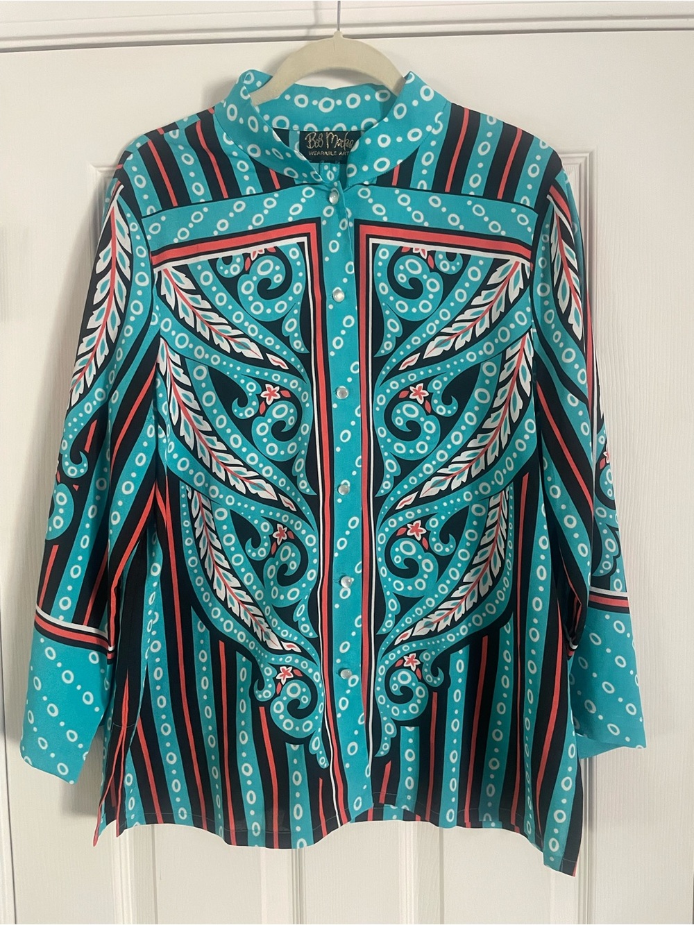 Bob Mackie Turquoise Paisley-Accent Button Front Shirt